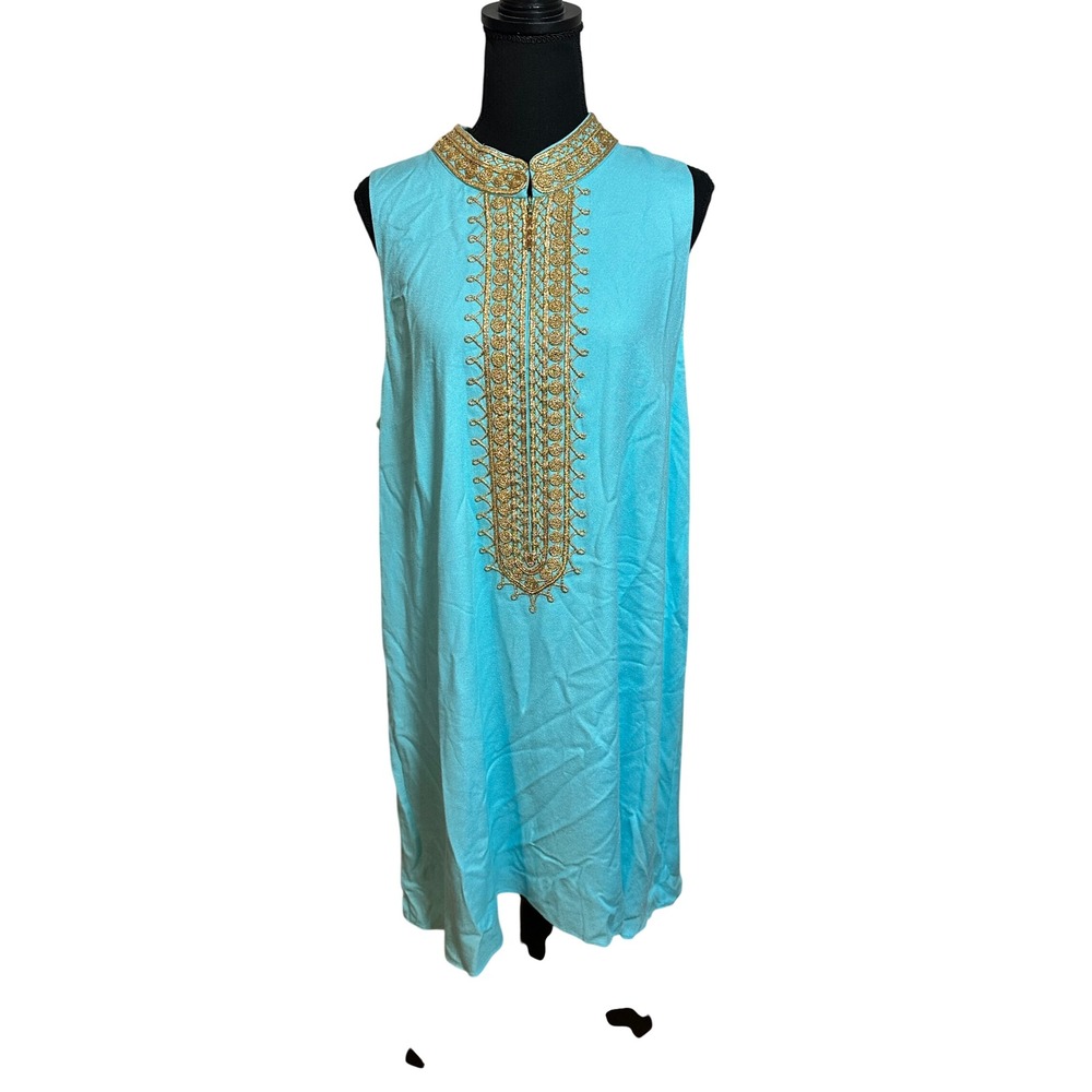 Lilly Pulitzer Turquoise Blue Gold Embroidered Shift Dress Womens 16 Ibiza